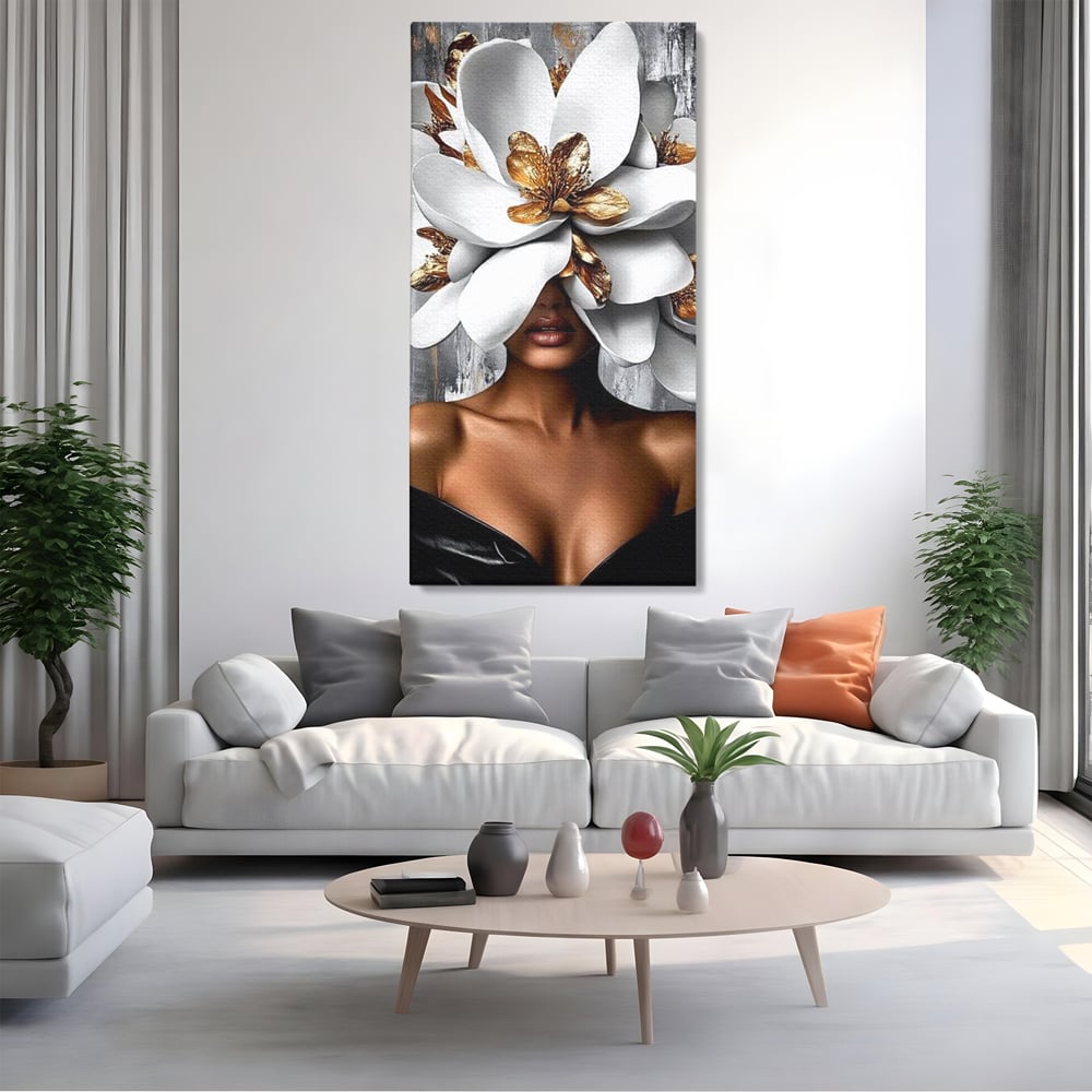 Tablou Canvas Premium LuxCanva® G1025, Misterul Magnoliei , Feminitate, Magnolie, Aur, Alb, Fashion, Glamour, Contrast, Living, Dormitor