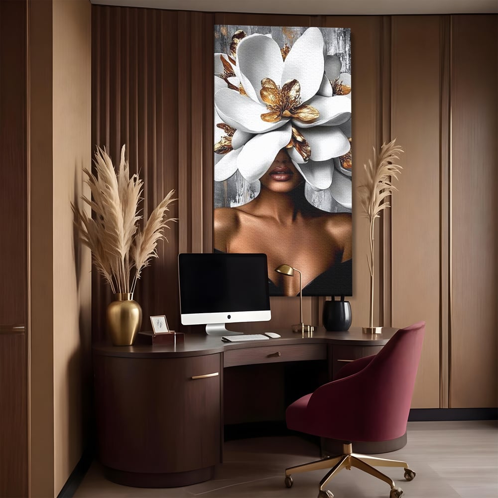 Tablou Canvas Premium LuxCanva® G1025, Misterul Magnoliei , Feminitate, Magnolie, Aur, Alb, Fashion, Glamour, Contrast, Living, Dormitor