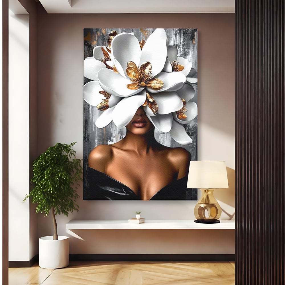 Tablou Canvas Premium LuxCanva® G1025, Misterul Magnoliei , Feminitate, Magnolie, Aur, Alb, Fashion, Glamour, Contrast, Living, Dormitor