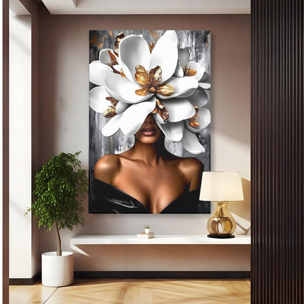 Tablou Canvas Premium LuxCanva® G1025, Misterul Magnoliei , Feminitate, Magnolie, Aur, Alb, Fashion, Glamour, Contrast, Living, Dormitor