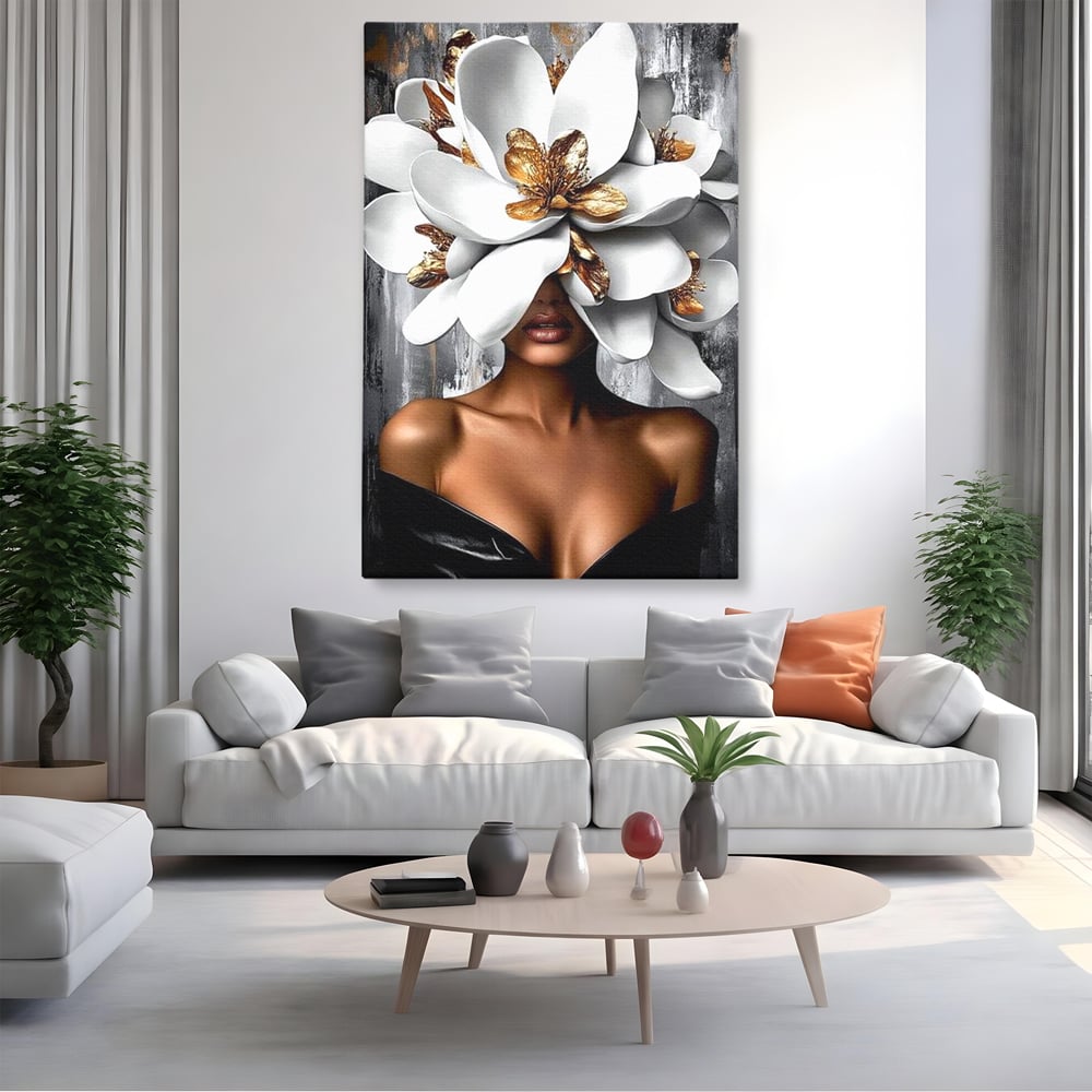 Tablou Canvas Premium LuxCanva® G1025, Misterul Magnoliei , Feminitate, Magnolie, Aur, Alb, Fashion, Glamour, Contrast, Living, Dormitor