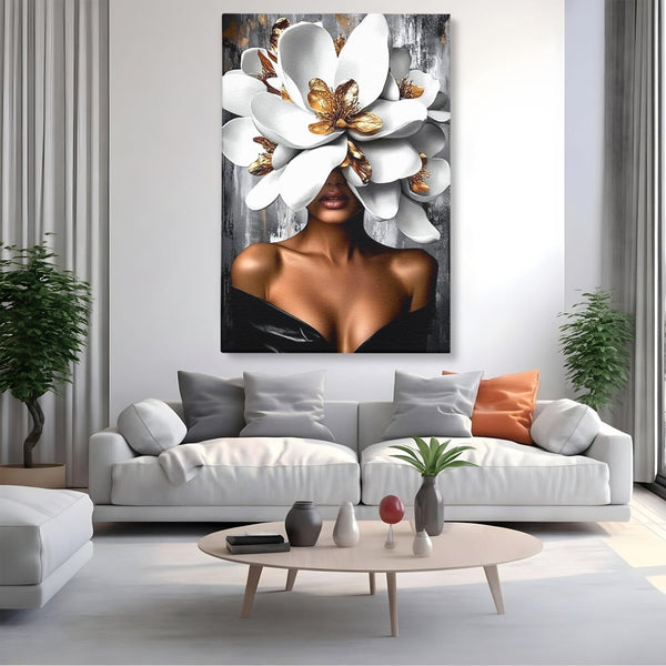 Tablou Canvas Premium LuxCanva® G1025, Misterul Magnoliei , Feminitate, Magnolie, Aur, Alb, Fashion, Glamour, Contrast, Living, Dormitor