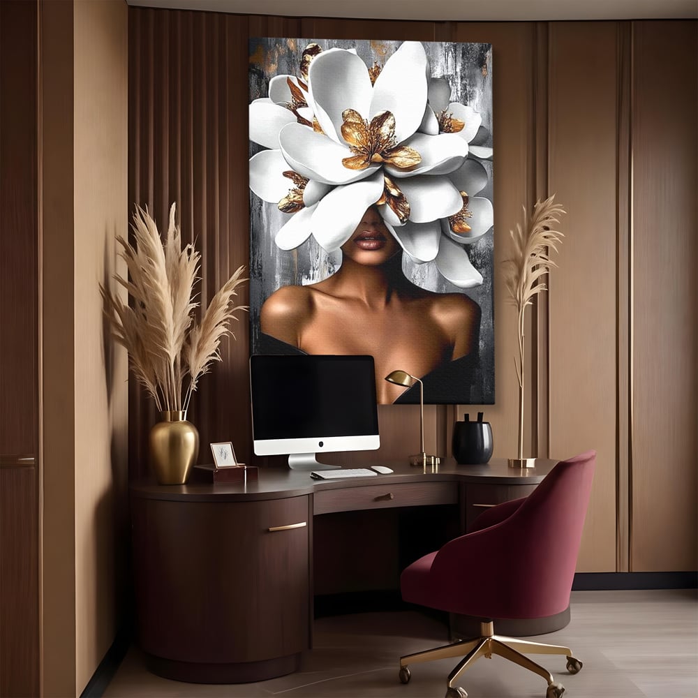 Tablou Canvas Premium LuxCanva® G1025, Misterul Magnoliei , Feminitate, Magnolie, Aur, Alb, Fashion, Glamour, Contrast, Living, Dormitor