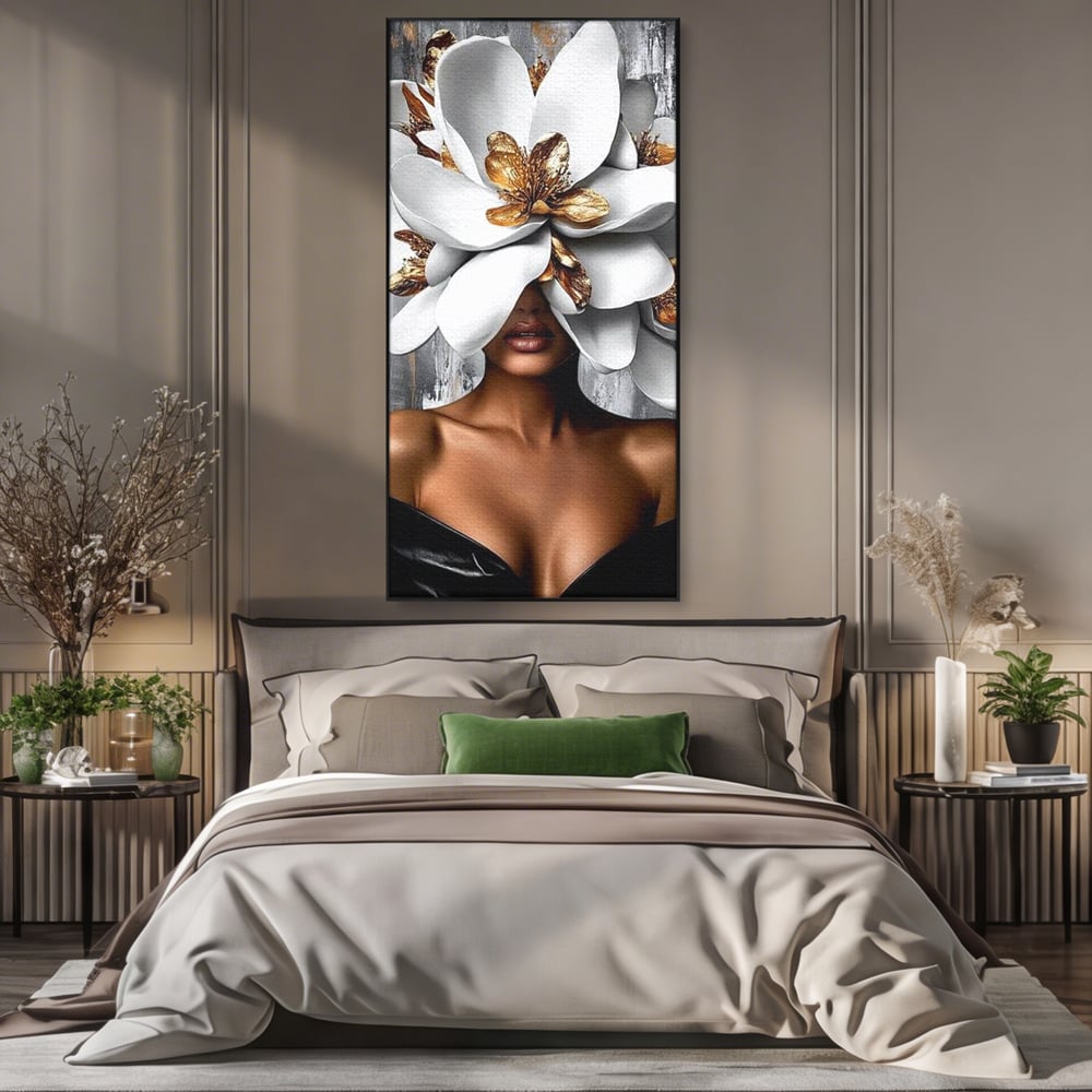 Tablou Canvas Premium LuxCanva® G1025, Misterul Magnoliei , Feminitate, Magnolie, Aur, Alb, Fashion, Glamour, Contrast, Living, Dormitor