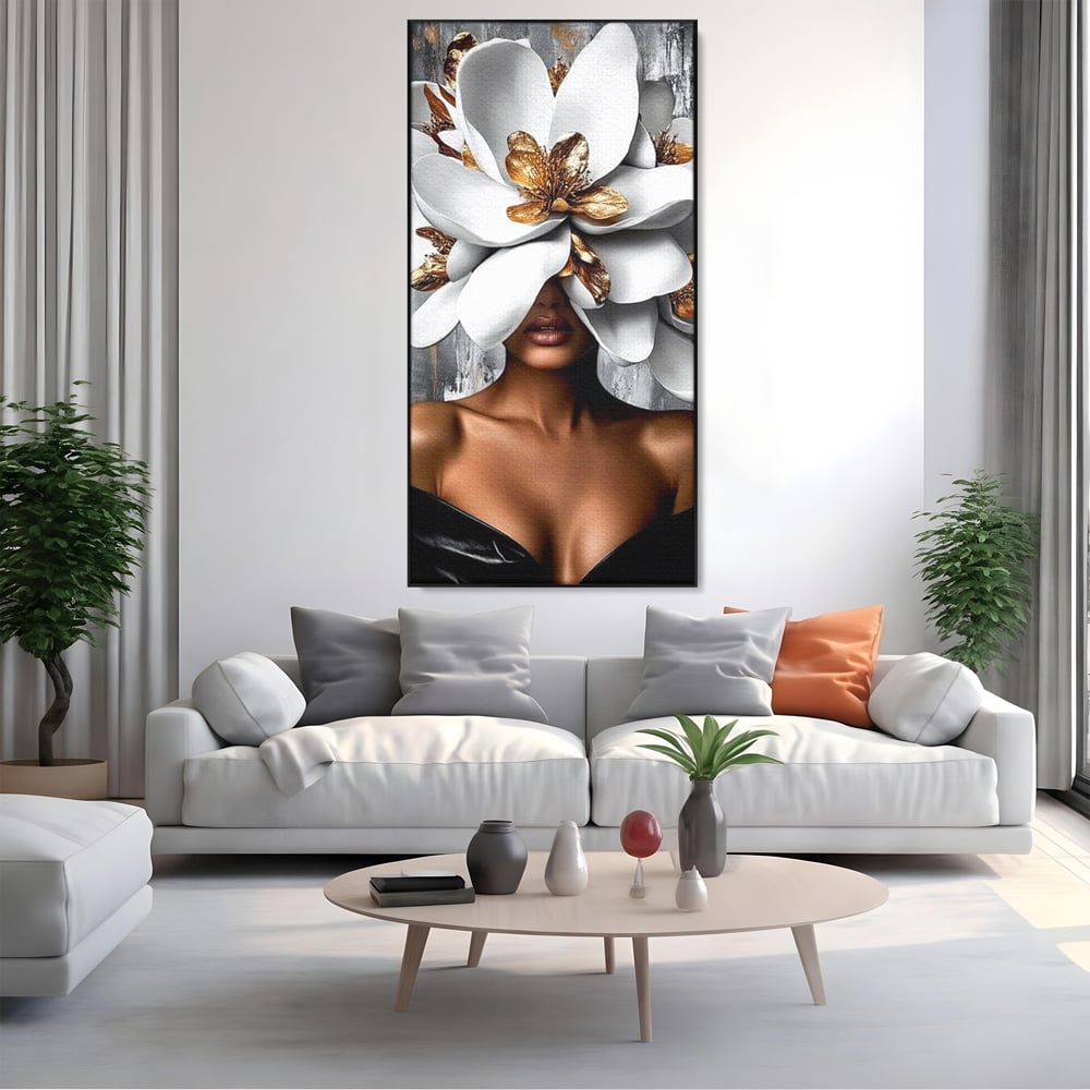 Tablou Canvas Premium LuxCanva® G1025, Misterul Magnoliei , Feminitate, Magnolie, Aur, Alb, Fashion, Glamour, Contrast, Living, Dormitor