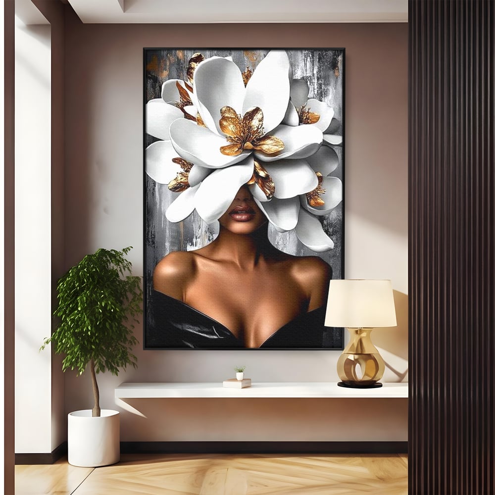 Tablou Canvas Premium LuxCanva® G1025, Misterul Magnoliei , Feminitate, Magnolie, Aur, Alb, Fashion, Glamour, Contrast, Living, Dormitor