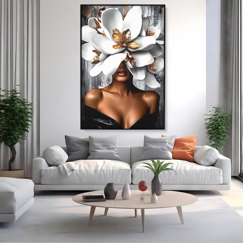 Tablou Canvas Premium LuxCanva® G1025, Misterul Magnoliei , Feminitate, Magnolie, Aur, Alb, Fashion, Glamour, Contrast, Living, Dormitor