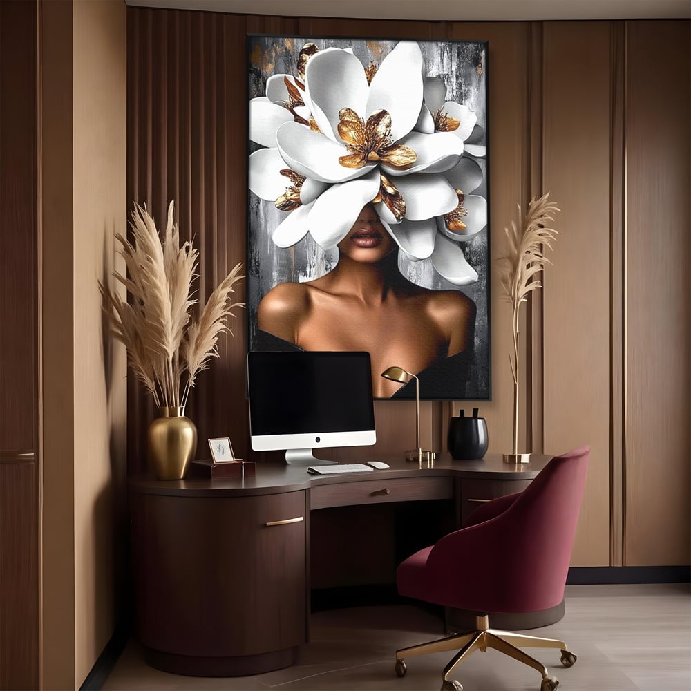 Tablou Canvas Premium LuxCanva® G1025, Misterul Magnoliei , Feminitate, Magnolie, Aur, Alb, Fashion, Glamour, Contrast, Living, Dormitor