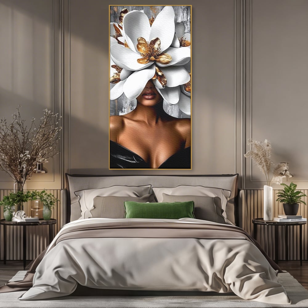 Tablou Canvas Premium LuxCanva® G1025, Misterul Magnoliei , Feminitate, Magnolie, Aur, Alb, Fashion, Glamour, Contrast, Living, Dormitor