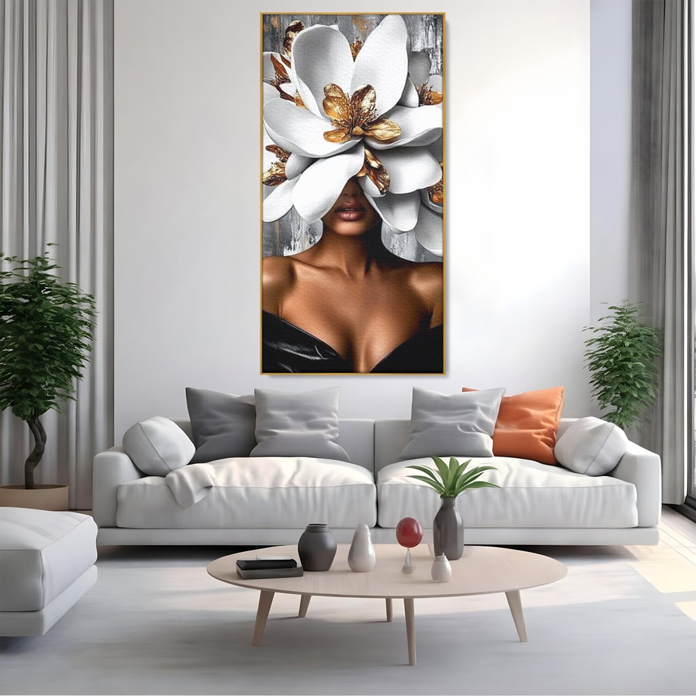 Tablou Canvas Premium LuxCanva® G1025, Misterul Magnoliei , Feminitate, Magnolie, Aur, Alb, Fashion, Glamour, Contrast, Living, Dormitor