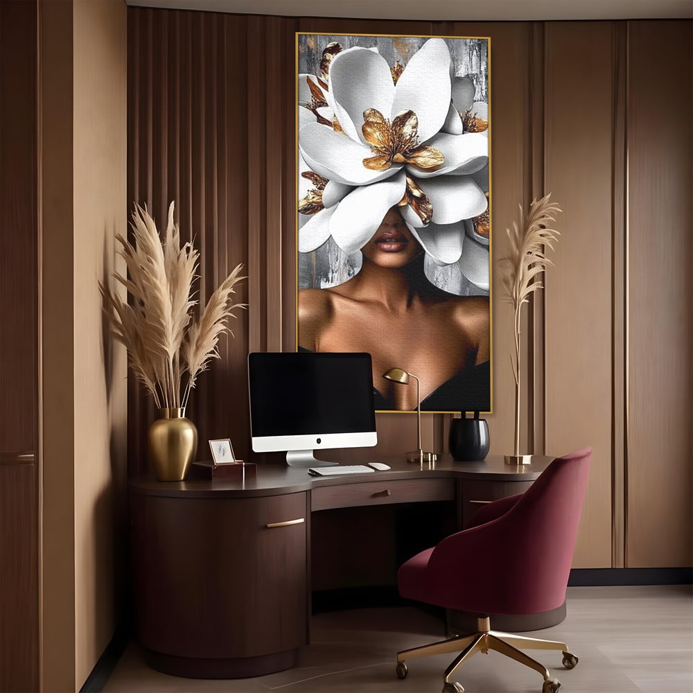 Tablou Canvas Premium LuxCanva® G1025, Misterul Magnoliei , Feminitate, Magnolie, Aur, Alb, Fashion, Glamour, Contrast, Living, Dormitor