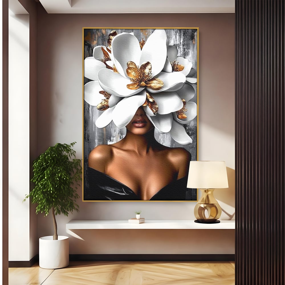 Tablou Canvas Premium LuxCanva® G1025, Misterul Magnoliei , Feminitate, Magnolie, Aur, Alb, Fashion, Glamour, Contrast, Living, Dormitor