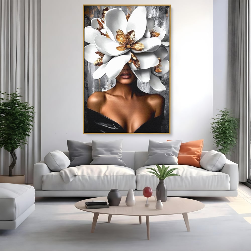 Tablou Canvas Premium LuxCanva® G1025, Misterul Magnoliei , Feminitate, Magnolie, Aur, Alb, Fashion, Glamour, Contrast, Living, Dormitor