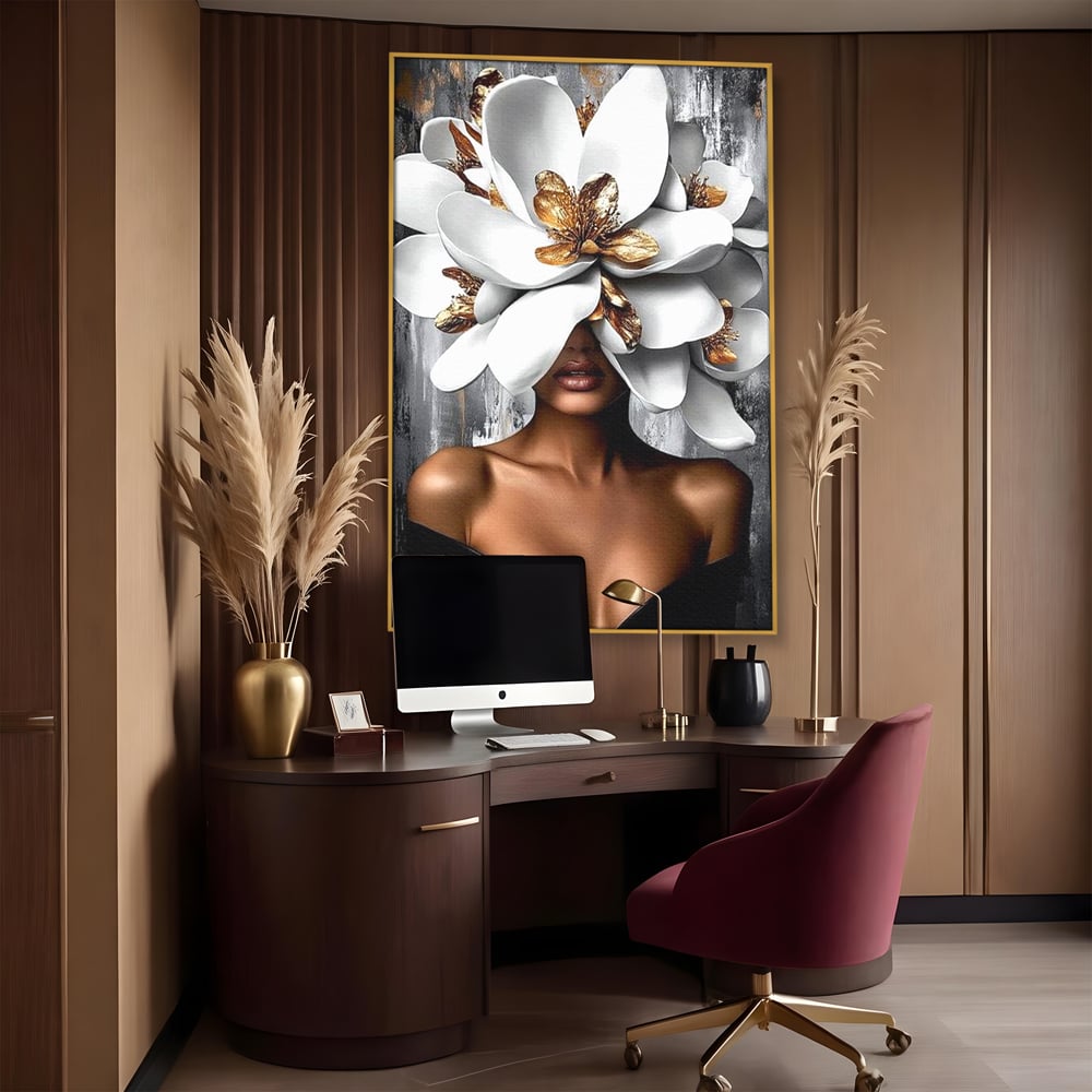 Tablou Canvas Premium LuxCanva® G1025, Misterul Magnoliei , Feminitate, Magnolie, Aur, Alb, Fashion, Glamour, Contrast, Living, Dormitor