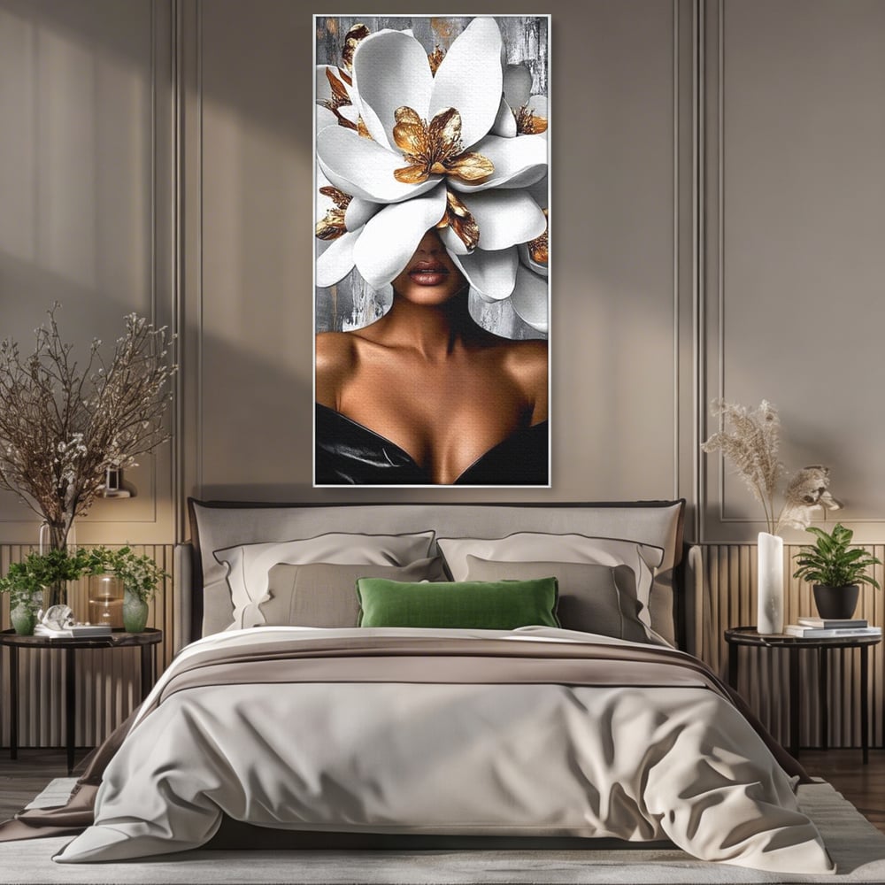 Tablou Canvas Premium LuxCanva® G1025, Misterul Magnoliei , Feminitate, Magnolie, Aur, Alb, Fashion, Glamour, Contrast, Living, Dormitor