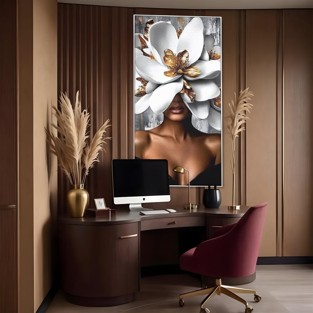 Tablou Canvas Premium LuxCanva® G1025, Misterul Magnoliei , Feminitate, Magnolie, Aur, Alb, Fashion, Glamour, Contrast, Living, Dormitor