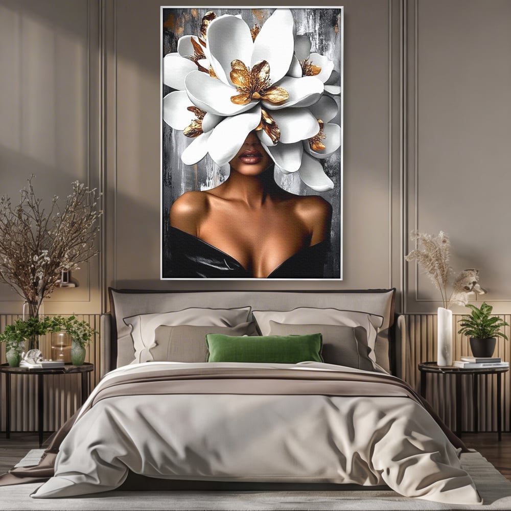 Tablou Canvas Premium LuxCanva® G1025, Misterul Magnoliei , Feminitate, Magnolie, Aur, Alb, Fashion, Glamour, Contrast, Living, Dormitor