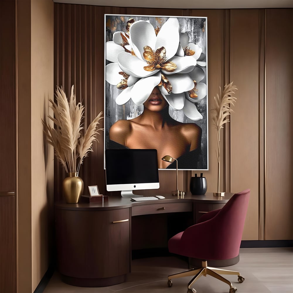 Tablou Canvas Premium LuxCanva® G1025, Misterul Magnoliei , Feminitate, Magnolie, Aur, Alb, Fashion, Glamour, Contrast, Living, Dormitor
