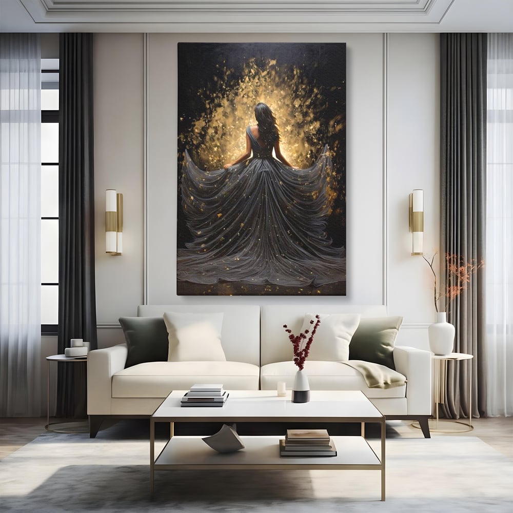 Tablou Canvas Premium LuxCanva® G1027, Magia din Intuneric , Stralucire, Magie, Rochie, Basm, Feminitate, Mister, Silueta, Living, Dormitor