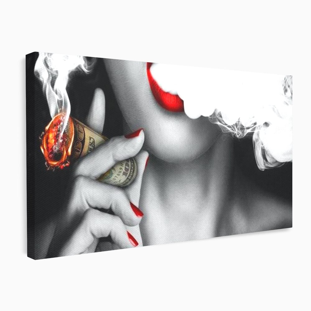 Tablou Canvas Premium LuxCanva® G1028, Bani, Fum si Dorinta ,  Bani, Extravagant, Fum, Buze, Tigara, Interzis, Seductie, Rosii, Living, Dormitor