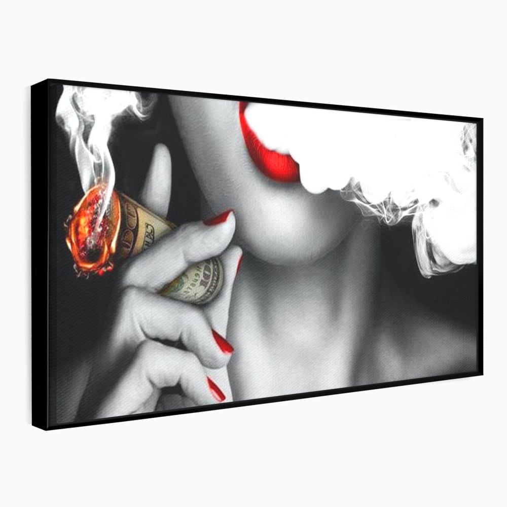 Tablou Canvas Premium LuxCanva® G1028, Bani, Fum si Dorinta ,  Bani, Extravagant, Fum, Buze, Tigara, Interzis, Seductie, Rosii, Living, Dormitor