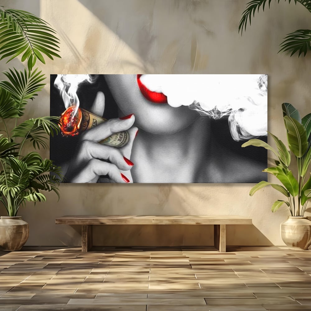 Tablou Canvas Premium LuxCanva® G1028, Bani, Fum si Dorinta ,  Bani, Extravagant, Fum, Buze, Tigara, Interzis, Seductie, Rosii, Living, Dormitor