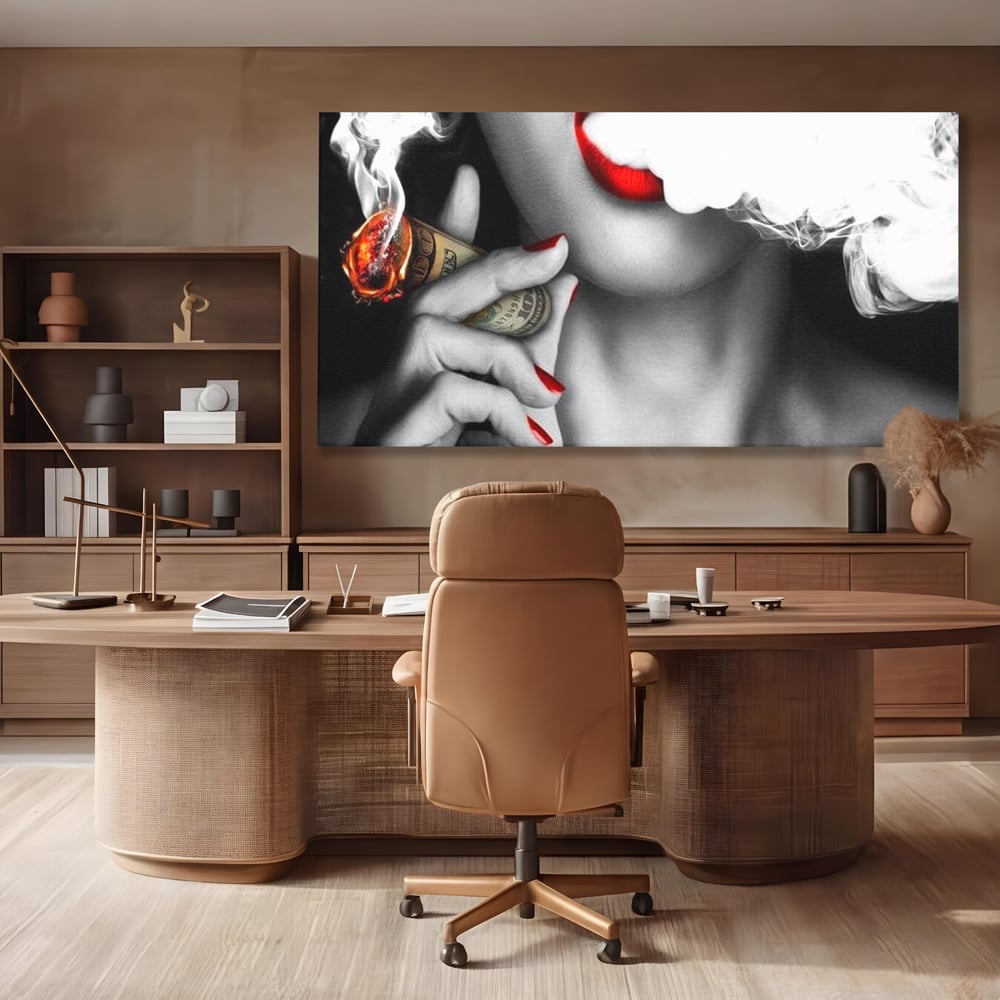 Tablou Canvas Premium LuxCanva® G1028, Bani, Fum si Dorinta ,  Bani, Extravagant, Fum, Buze, Tigara, Interzis, Seductie, Rosii, Living, Dormitor