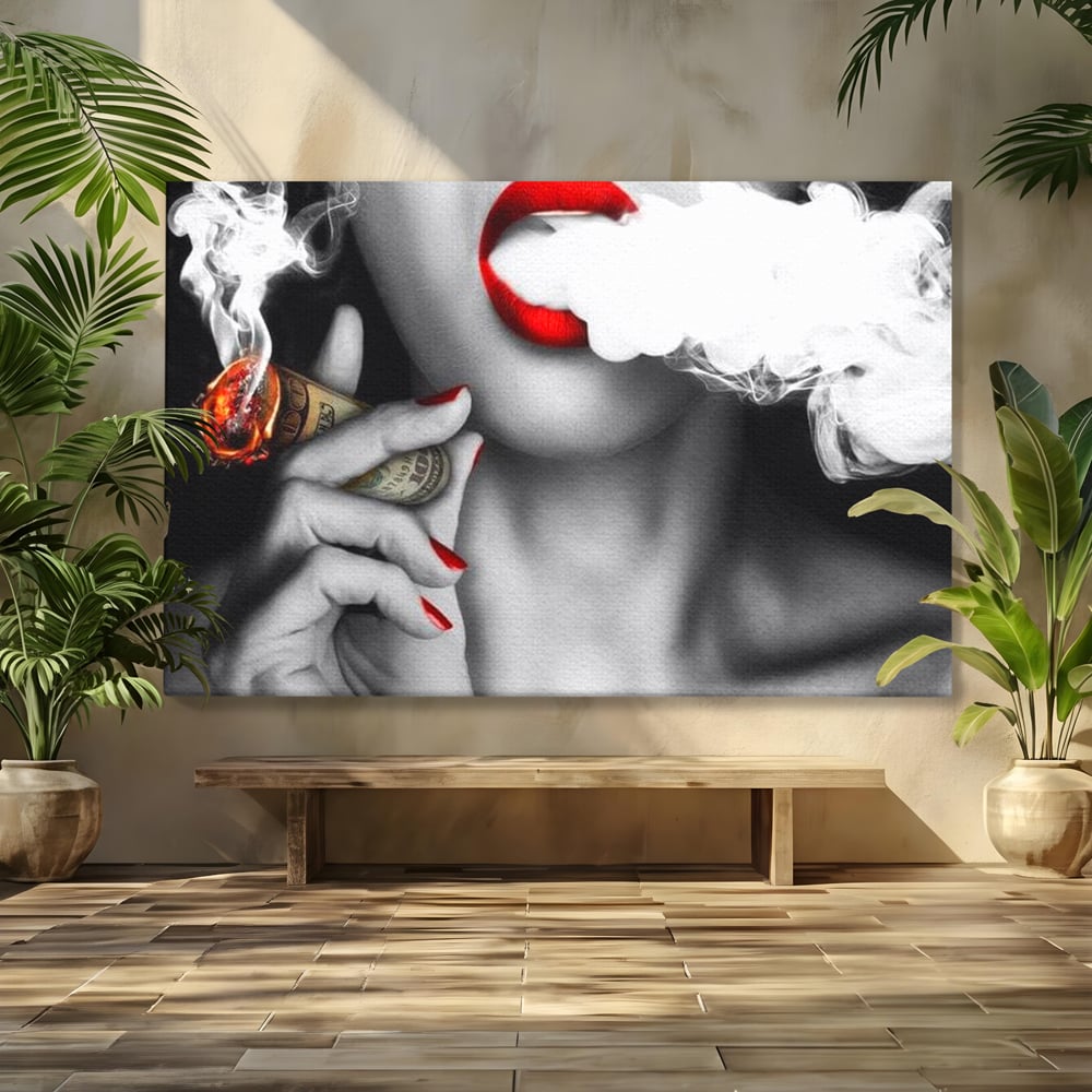 Tablou Canvas Premium LuxCanva® G1028, Bani, Fum si Dorinta ,  Bani, Extravagant, Fum, Buze, Tigara, Interzis, Seductie, Rosii, Living, Dormitor