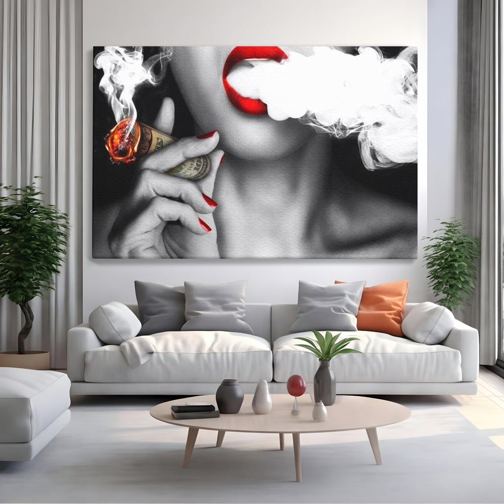 Tablou Canvas Premium LuxCanva® G1028, Bani, Fum si Dorinta ,  Bani, Extravagant, Fum, Buze, Tigara, Interzis, Seductie, Rosii, Living, Dormitor