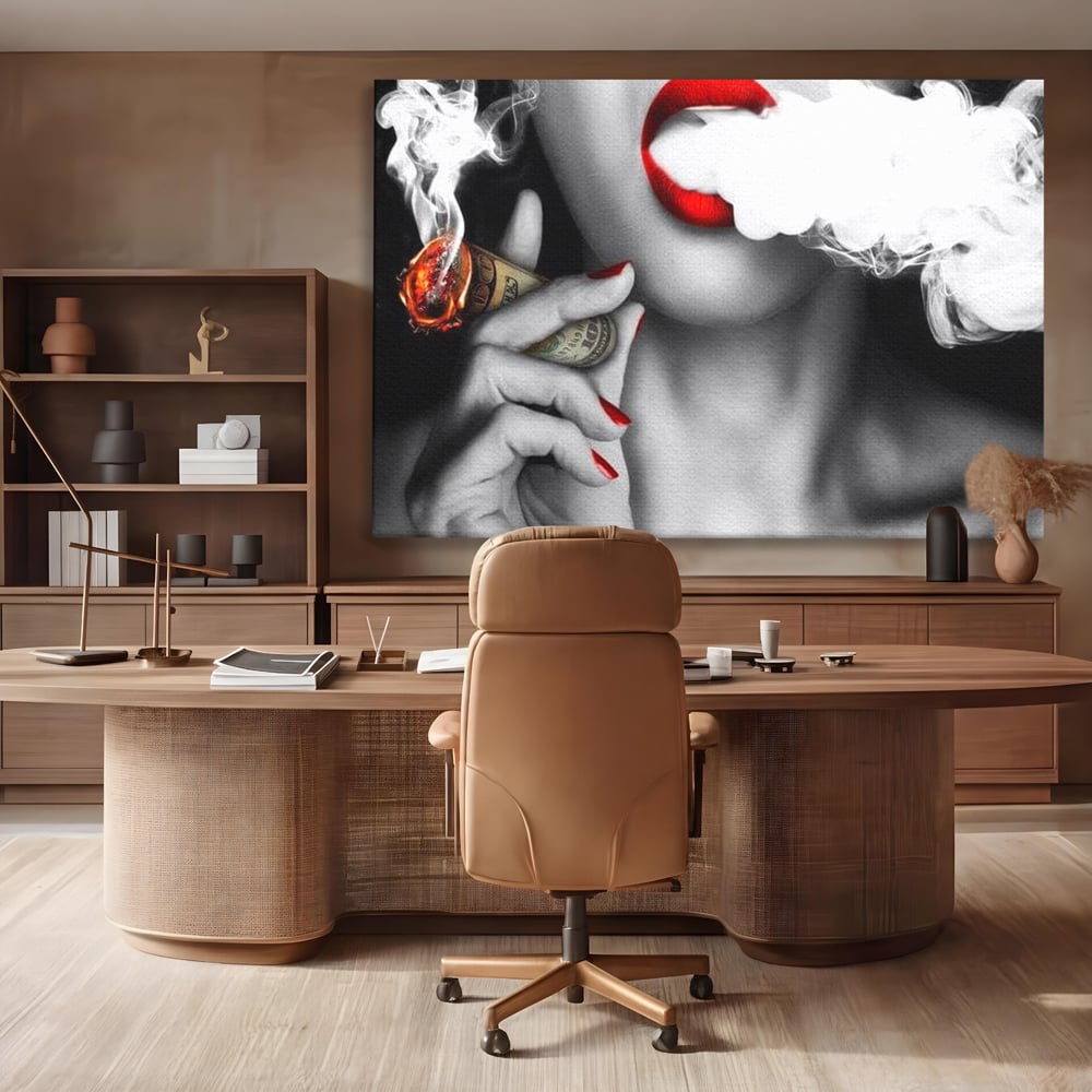 Tablou Canvas Premium LuxCanva® G1028, Bani, Fum si Dorinta ,  Bani, Extravagant, Fum, Buze, Tigara, Interzis, Seductie, Rosii, Living, Dormitor