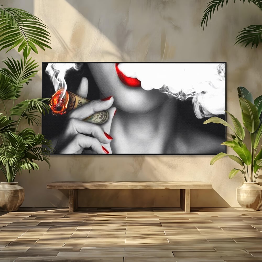 Tablou Canvas Premium LuxCanva® G1028, Bani, Fum si Dorinta ,  Bani, Extravagant, Fum, Buze, Tigara, Interzis, Seductie, Rosii, Living, Dormitor