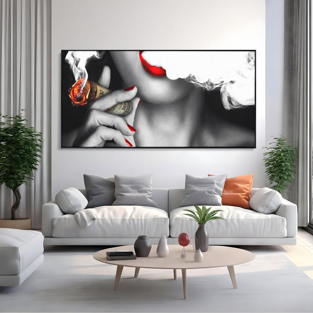 Tablou Canvas Premium LuxCanva® G1028, Bani, Fum si Dorinta ,  Bani, Extravagant, Fum, Buze, Tigara, Interzis, Seductie, Rosii, Living, Dormitor