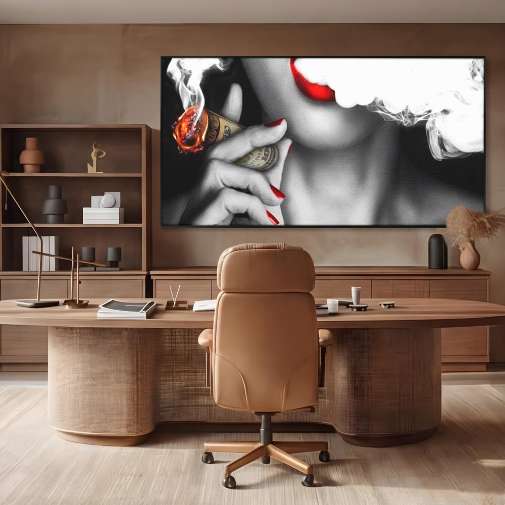 Tablou Canvas Premium LuxCanva® G1028, Bani, Fum si Dorinta ,  Bani, Extravagant, Fum, Buze, Tigara, Interzis, Seductie, Rosii, Living, Dormitor