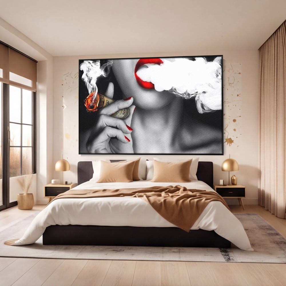 Tablou Canvas Premium LuxCanva® G1028, Bani, Fum si Dorinta ,  Bani, Extravagant, Fum, Buze, Tigara, Interzis, Seductie, Rosii, Living, Dormitor
