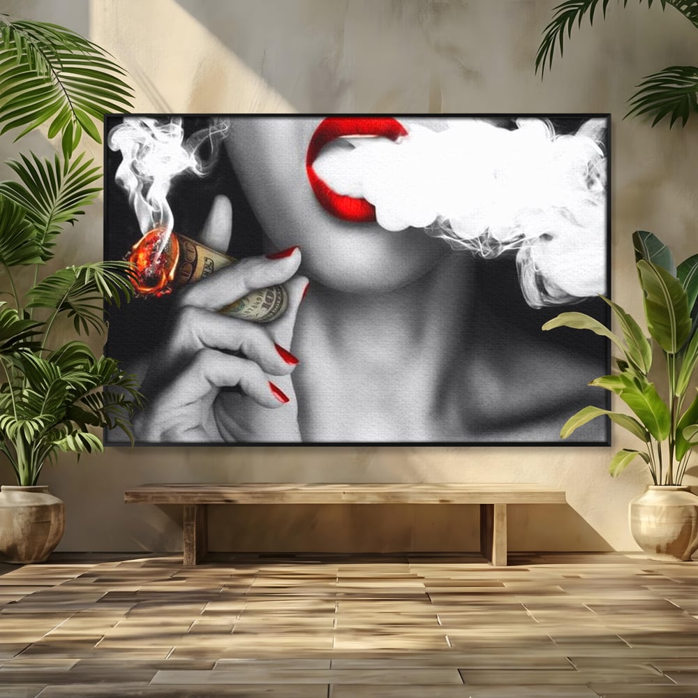 Tablou Canvas Premium LuxCanva® G1028, Bani, Fum si Dorinta ,  Bani, Extravagant, Fum, Buze, Tigara, Interzis, Seductie, Rosii, Living, Dormitor