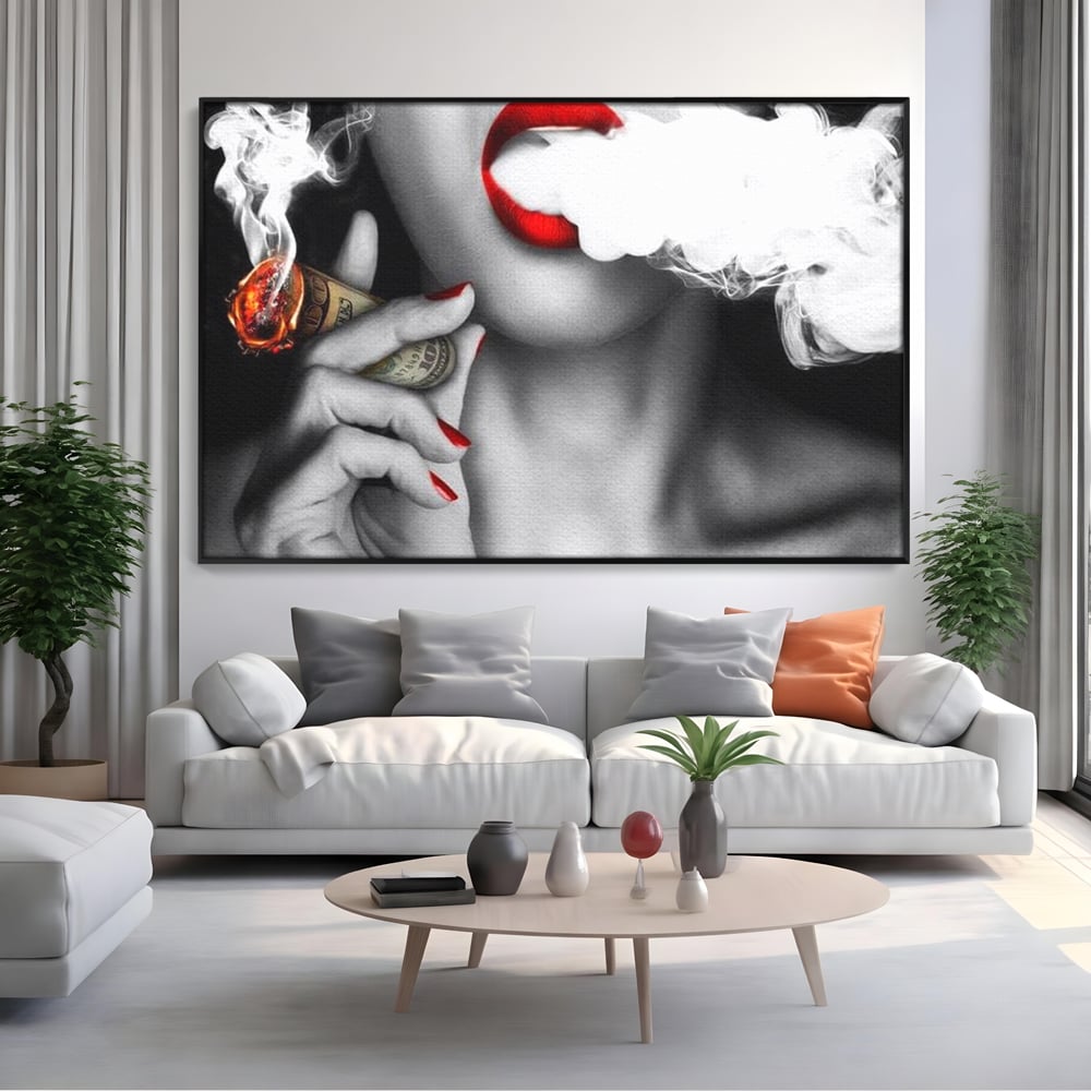 Tablou Canvas Premium LuxCanva® G1028, Bani, Fum si Dorinta ,  Bani, Extravagant, Fum, Buze, Tigara, Interzis, Seductie, Rosii, Living, Dormitor