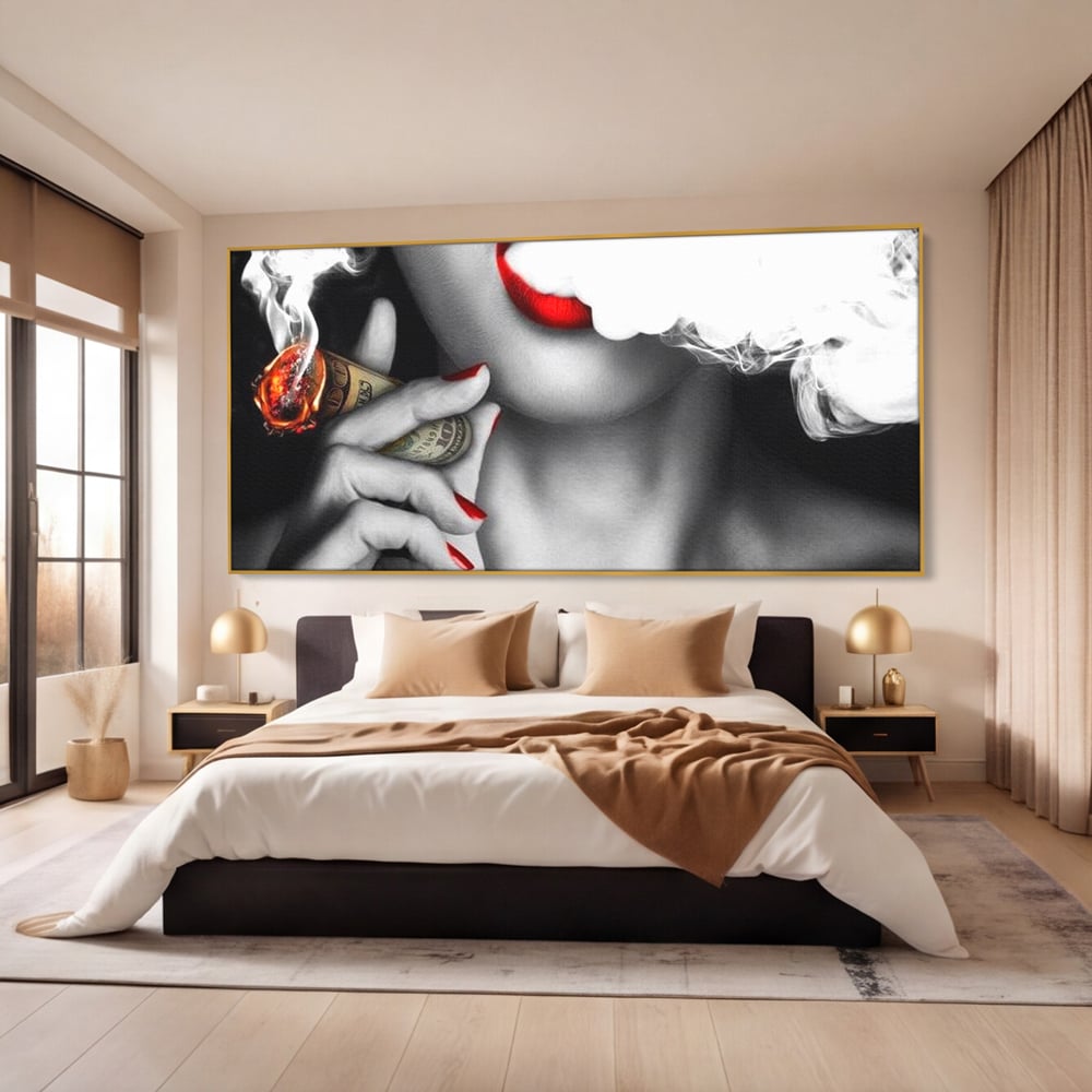 Tablou Canvas Premium LuxCanva® G1028, Bani, Fum si Dorinta ,  Bani, Extravagant, Fum, Buze, Tigara, Interzis, Seductie, Rosii, Living, Dormitor