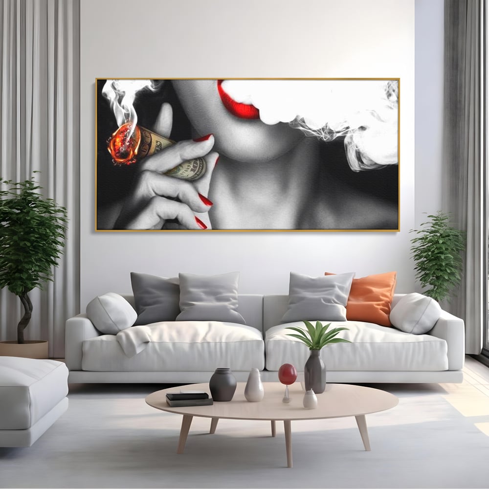 Tablou Canvas Premium LuxCanva® G1028, Bani, Fum si Dorinta ,  Bani, Extravagant, Fum, Buze, Tigara, Interzis, Seductie, Rosii, Living, Dormitor