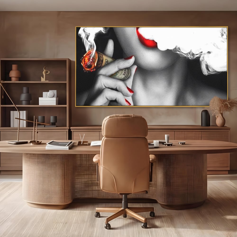 Tablou Canvas Premium LuxCanva® G1028, Bani, Fum si Dorinta ,  Bani, Extravagant, Fum, Buze, Tigara, Interzis, Seductie, Rosii, Living, Dormitor