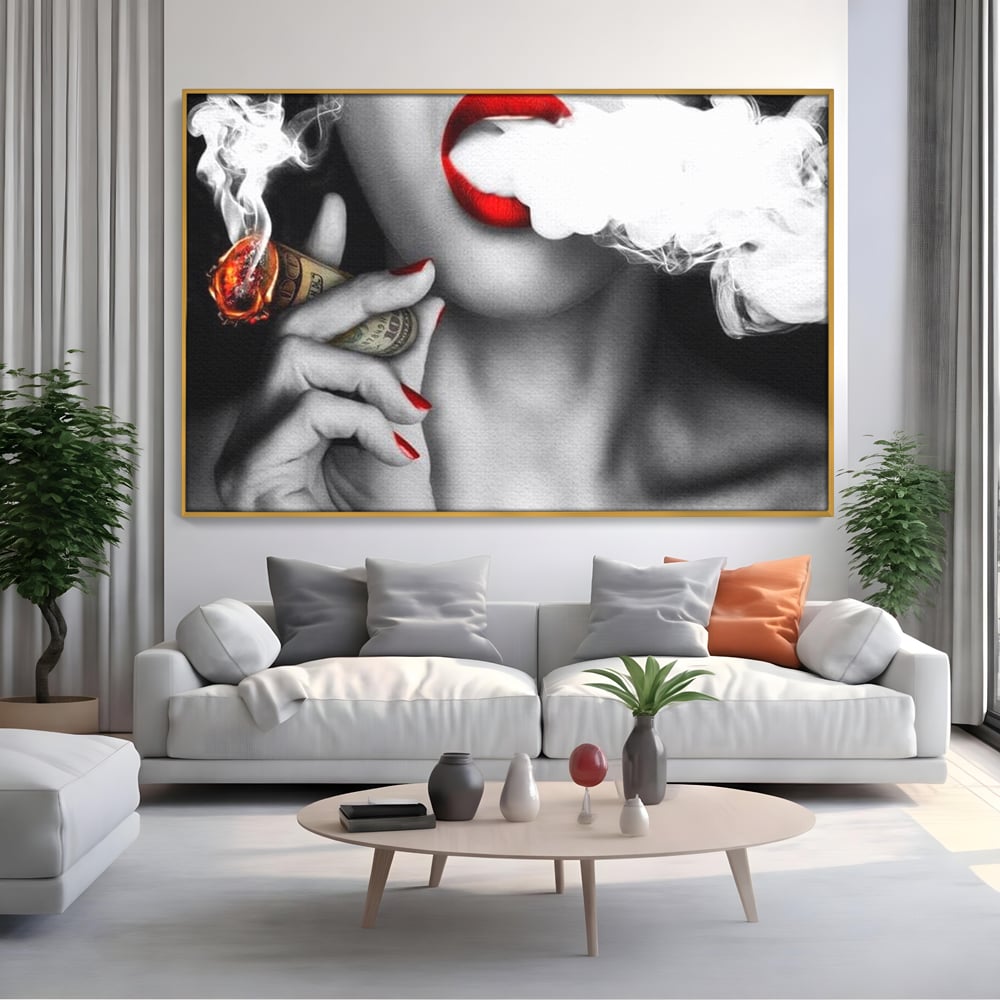 Tablou Canvas Premium LuxCanva® G1028, Bani, Fum si Dorinta ,  Bani, Extravagant, Fum, Buze, Tigara, Interzis, Seductie, Rosii, Living, Dormitor
