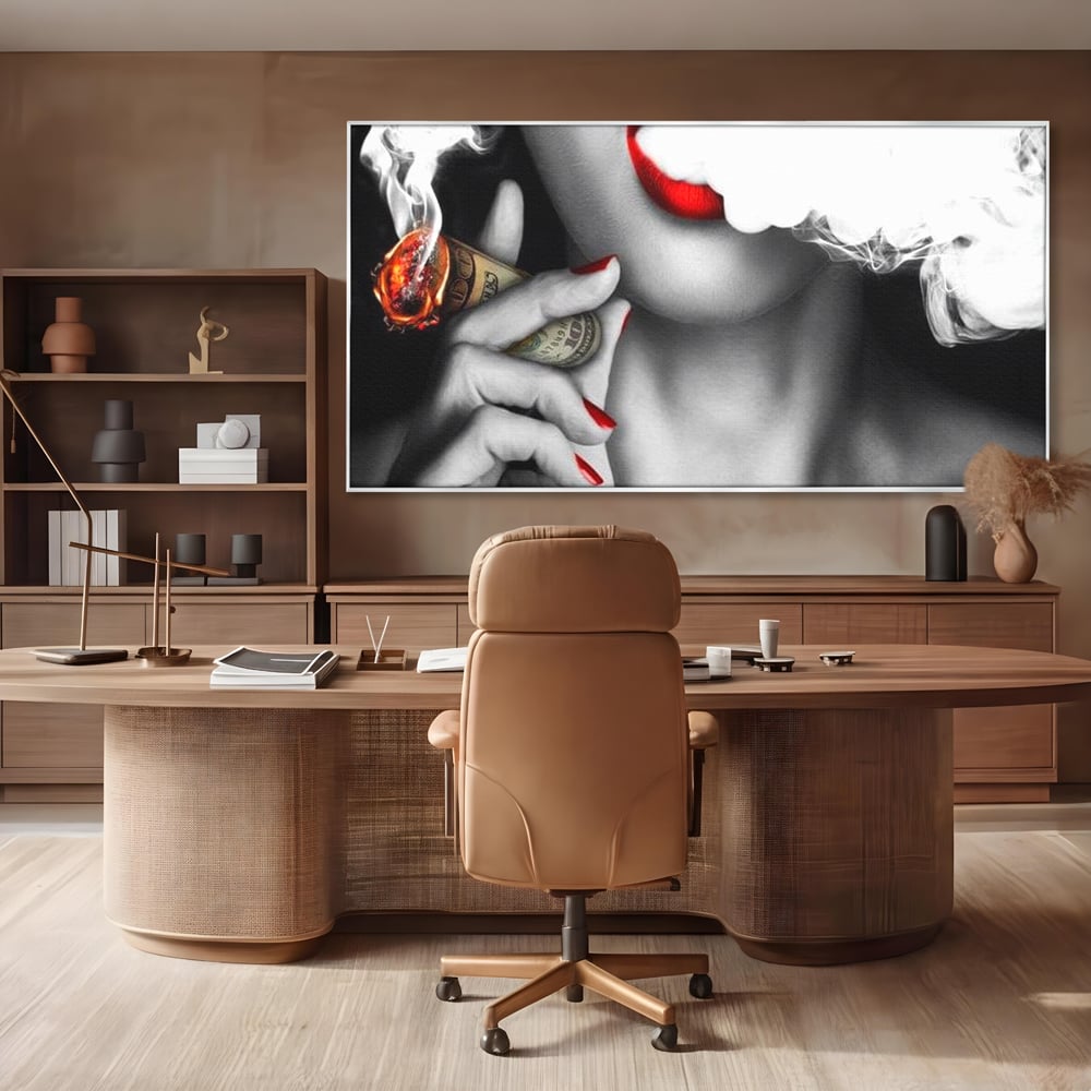 Tablou Canvas Premium LuxCanva® G1028, Bani, Fum si Dorinta ,  Bani, Extravagant, Fum, Buze, Tigara, Interzis, Seductie, Rosii, Living, Dormitor