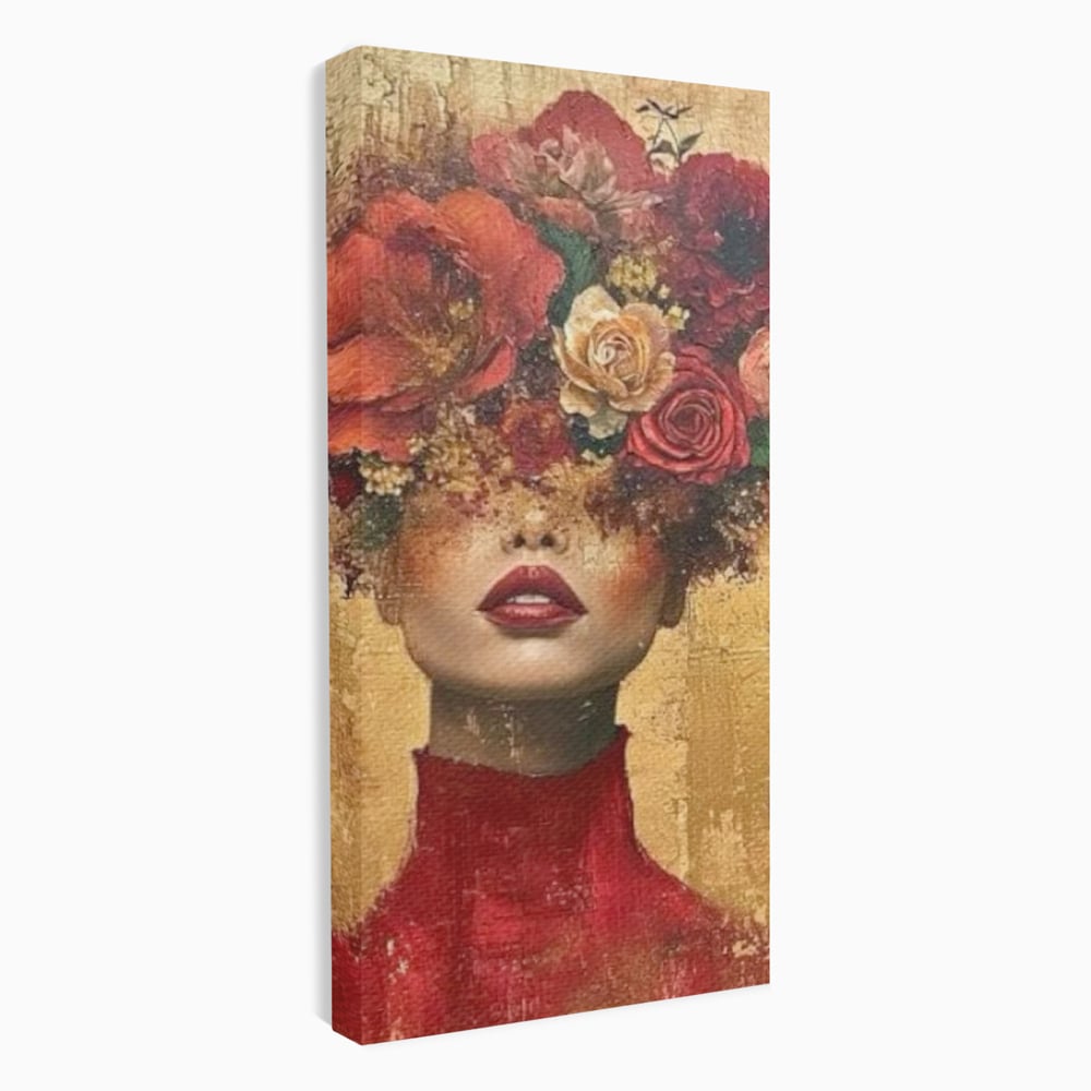 LuxCanva Premium-Leinwandkunst® G1029, Frau und Rosen, Natur, Blütenblätter, Rosen, Details, Porträt, Romantik, Romantisch, Wohnen, Schlafzimmer, Lebendige Farben