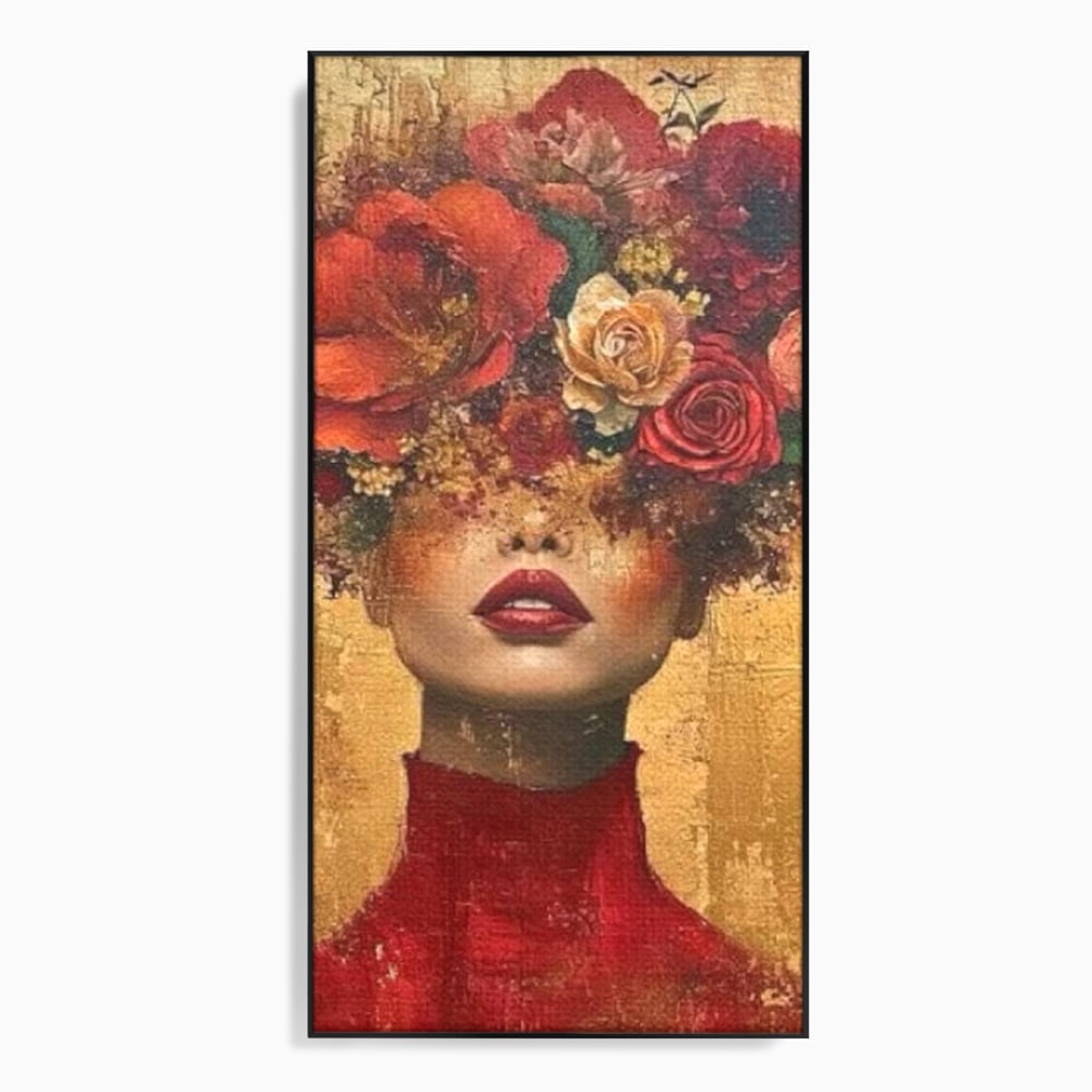 LuxCanva Premium-Leinwandkunst® G1029, Frau und Rosen, Natur, Blütenblätter, Rosen, Details, Porträt, Romantik, Romantisch, Wohnen, Schlafzimmer, Lebendige Farben