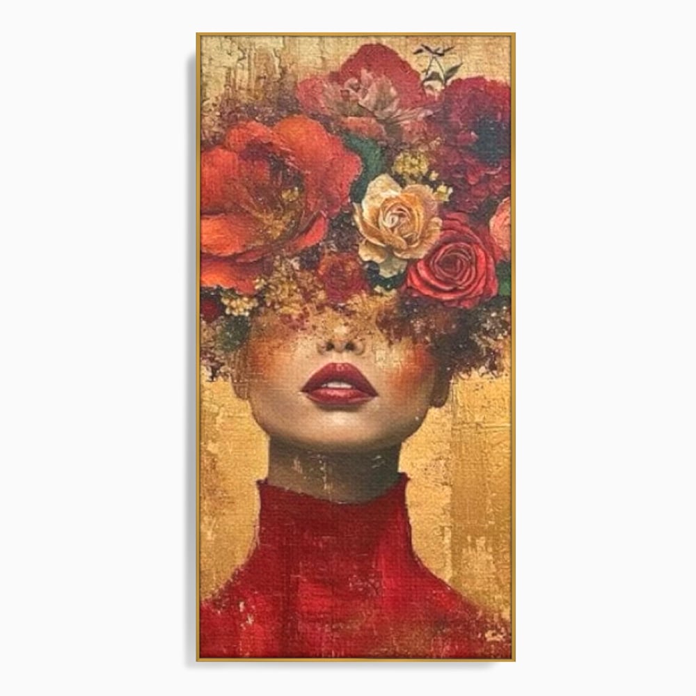 LuxCanva Premium-Leinwandkunst® G1029, Frau und Rosen, Natur, Blütenblätter, Rosen, Details, Porträt, Romantik, Romantisch, Wohnen, Schlafzimmer, Lebendige Farben