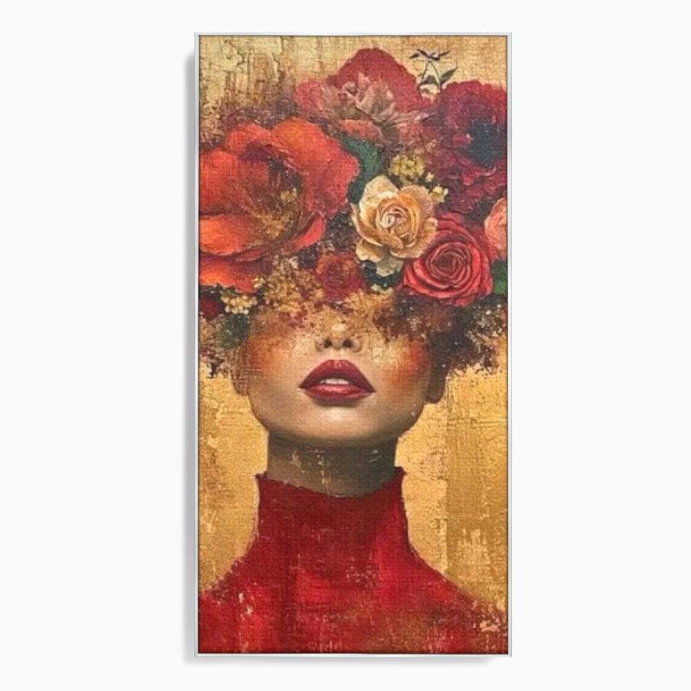LuxCanva Premium-Leinwandkunst® G1029, Frau und Rosen, Natur, Blütenblätter, Rosen, Details, Porträt, Romantik, Romantisch, Wohnen, Schlafzimmer, Lebendige Farben