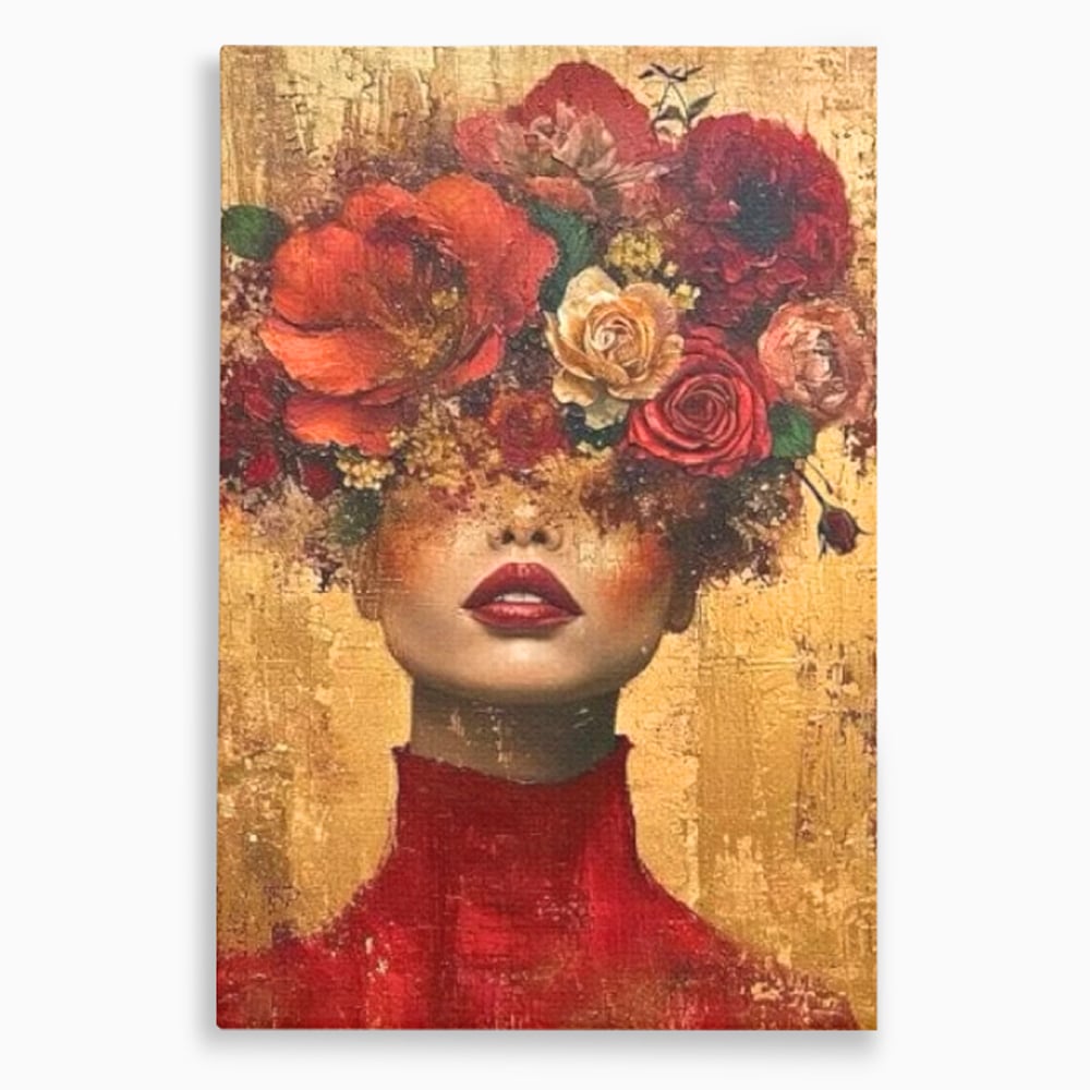 LuxCanva Premium-Leinwandkunst® G1029, Frau und Rosen, Natur, Blütenblätter, Rosen, Details, Porträt, Romantik, Romantisch, Wohnen, Schlafzimmer, Lebendige Farben