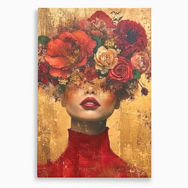 LuxCanva Premium-Leinwandkunst® G1029, Frau und Rosen, Natur, Blütenblätter, Rosen, Details, Porträt, Romantik, Romantisch, Wohnen, Schlafzimmer, Lebendige Farben