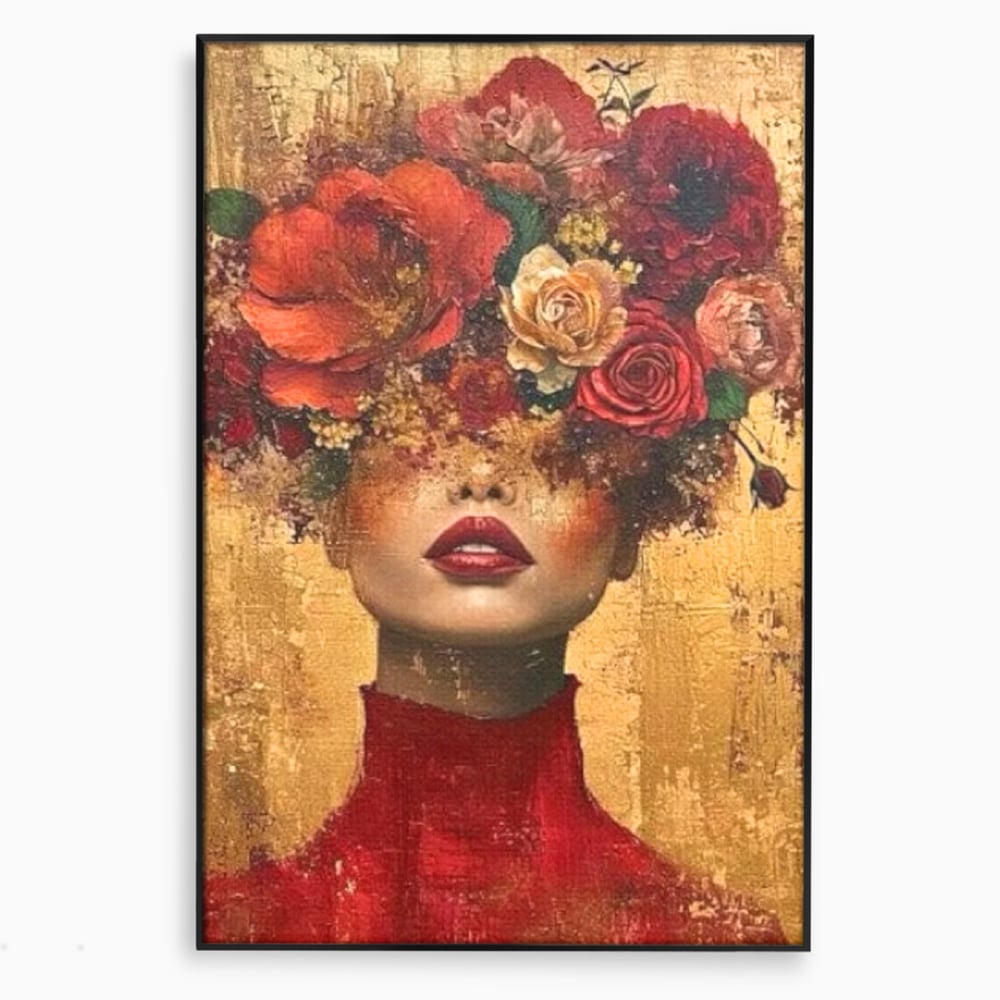 LuxCanva Premium-Leinwandkunst® G1029, Frau und Rosen, Natur, Blütenblätter, Rosen, Details, Porträt, Romantik, Romantisch, Wohnen, Schlafzimmer, Lebendige Farben