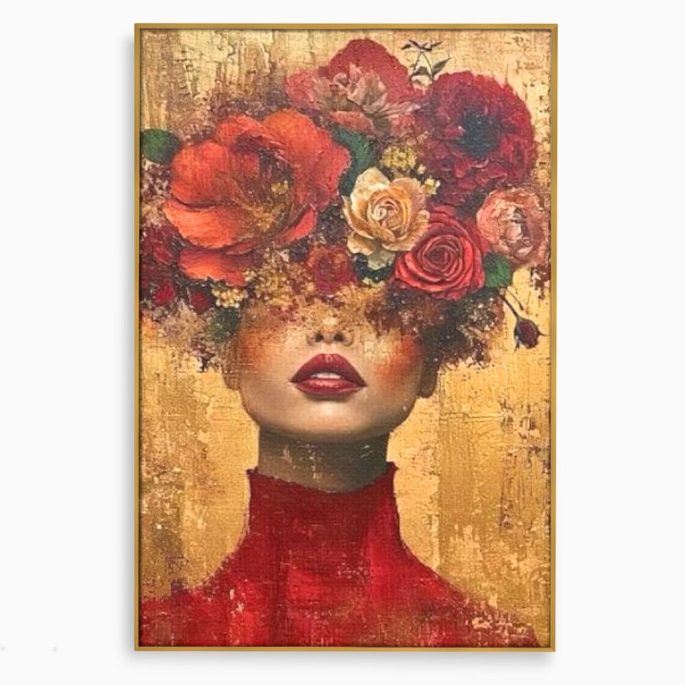 LuxCanva Premium-Leinwandkunst® G1029, Frau und Rosen, Natur, Blütenblätter, Rosen, Details, Porträt, Romantik, Romantisch, Wohnen, Schlafzimmer, Lebendige Farben