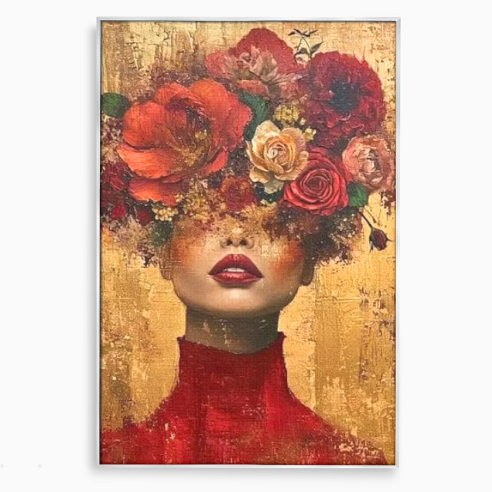LuxCanva Premium-Leinwandkunst® G1029, Frau und Rosen, Natur, Blütenblätter, Rosen, Details, Porträt, Romantik, Romantisch, Wohnen, Schlafzimmer, Lebendige Farben